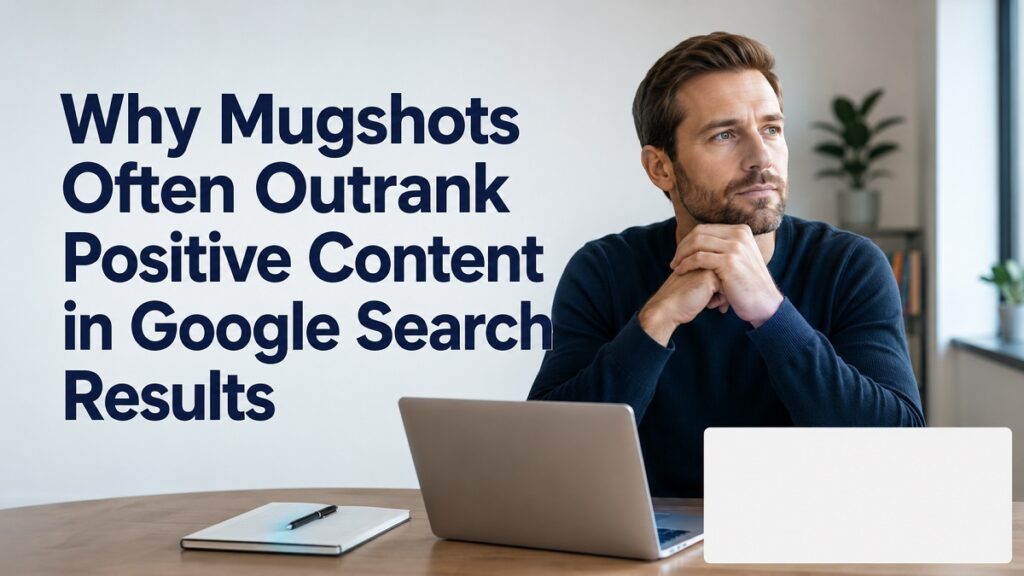 Professional examining why mugshots outrank positive content in Google search results.